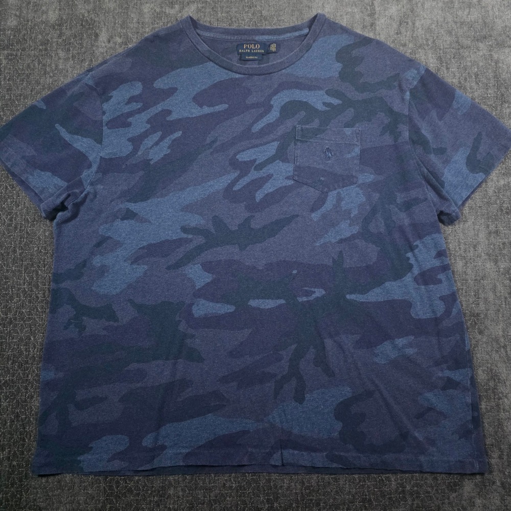 Polo Ralph Lauren Mens XL Blue Camo Pocket T-Shirt Classic Fit Short Sleeve Tee